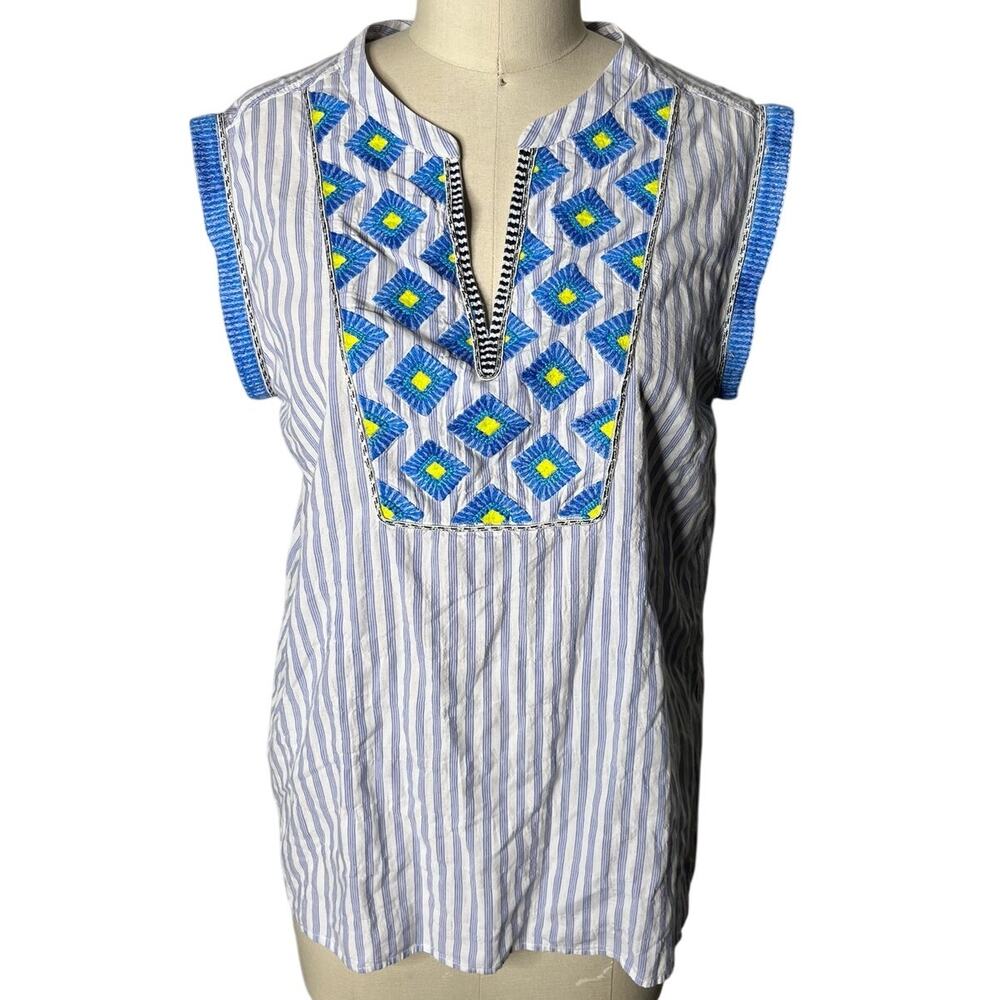 J.Crew Blue & White Striped Embroidered Diamond Split Neck Top - Size 10
